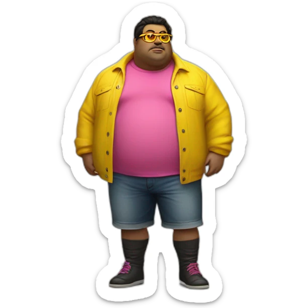 fat man with dark hair,a vibrant long yellow coat, pink glasses, short jeans shorts. Show full lenght peson, person fighting as superhero sticker