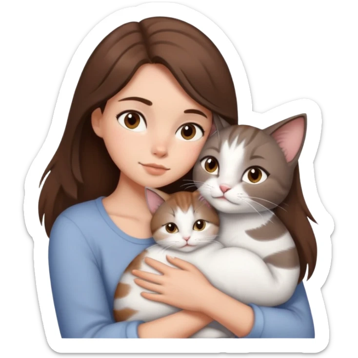 a brunette girl with brown mid hair snuggling a gray white cat sticker