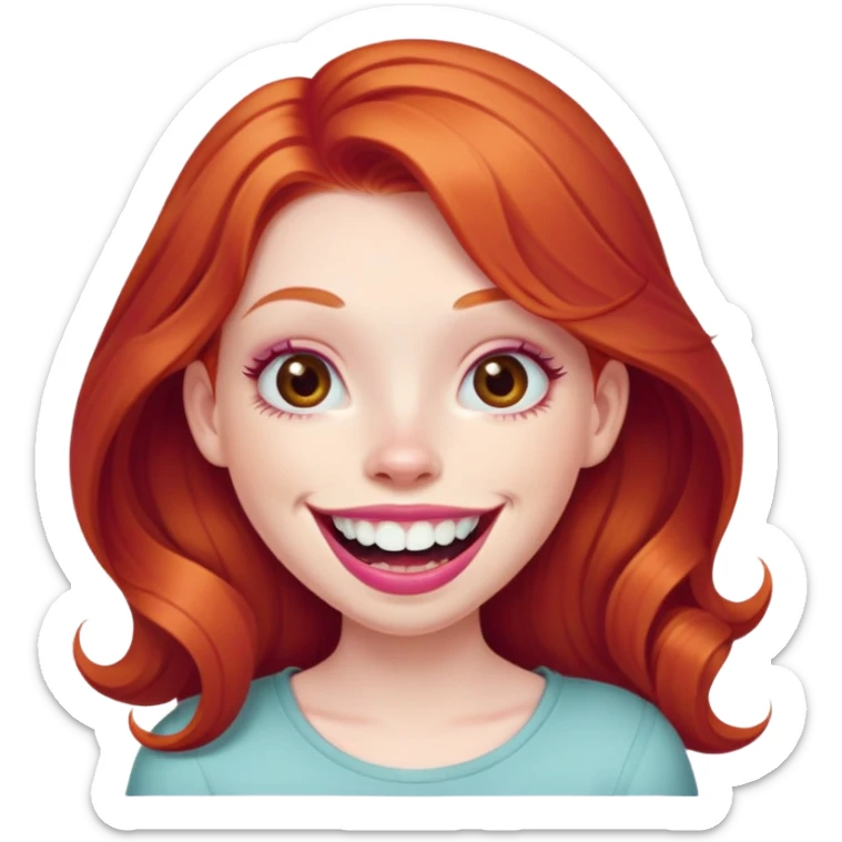 Young girl with pale skin, full pink lips smiling with big teeth, ginger red hair (very long), bigger nose, deep brown eyes (less green), big mouth sticker
