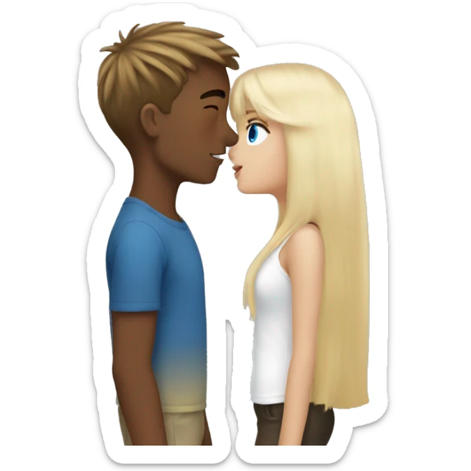 Girl with long back hair with bangs and tan skin kissing boy with blonde hair blue eyes and white skin sticker