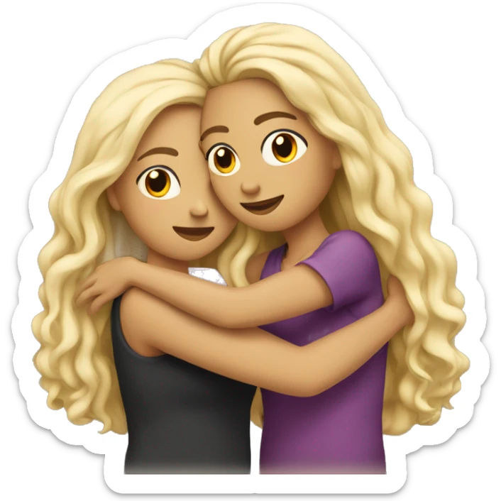 Woman with long straight blonde hair hugging a woman with long curly black hair  sticker