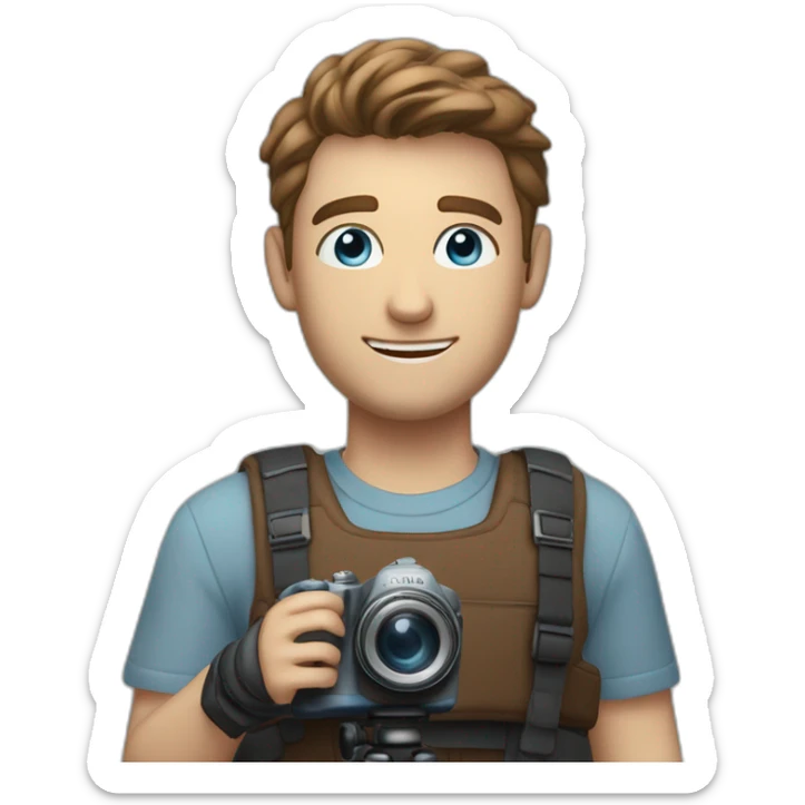 man with camera, he was smiling and he have brown short hair, blue eyes and he was tall. up camera there is a text "dir by mlodyw"  sticker