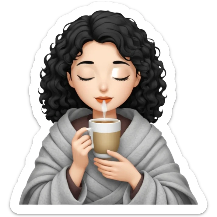 Gözleri kapalı, beyaz tenli ve dalgalı-kıvırcık siyah saçlı saç boyu orta omuzlarının biraz aşağısında bir kadın avatar, battaniyeye sarılmış halde beyaz bir Türk kahvesi fincanından içeceğini huzurla yudumluyor. sticker