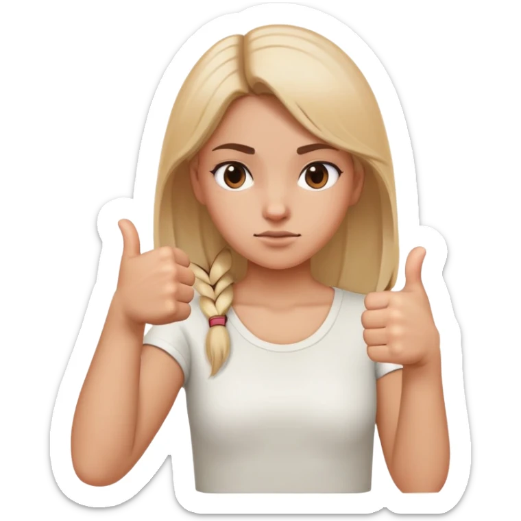 Girl with one hand clearly showing thumbs up gesture and other hand clearly showing thumbs down gesture, distinct opposing hand signals, mixed feelings facial expression sticker