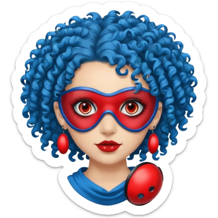 blue curly haired girl with huge earrings, wearing red paintball eye mask, sticker