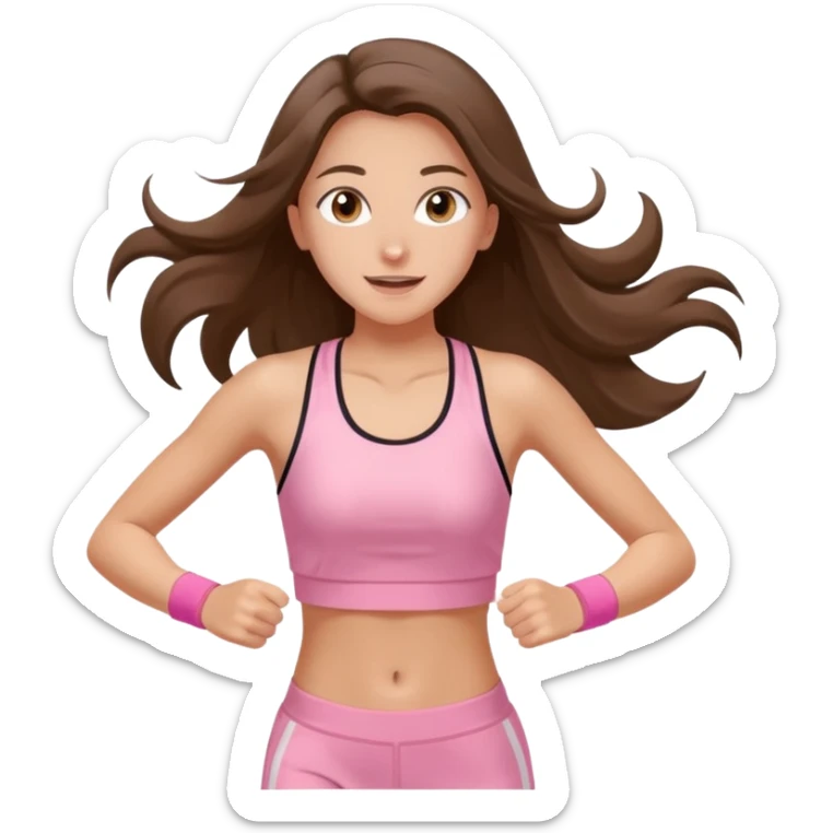 white happy brunette teen long hair with hazel eyes in light pink workout clothes jogging through race finish line sticker