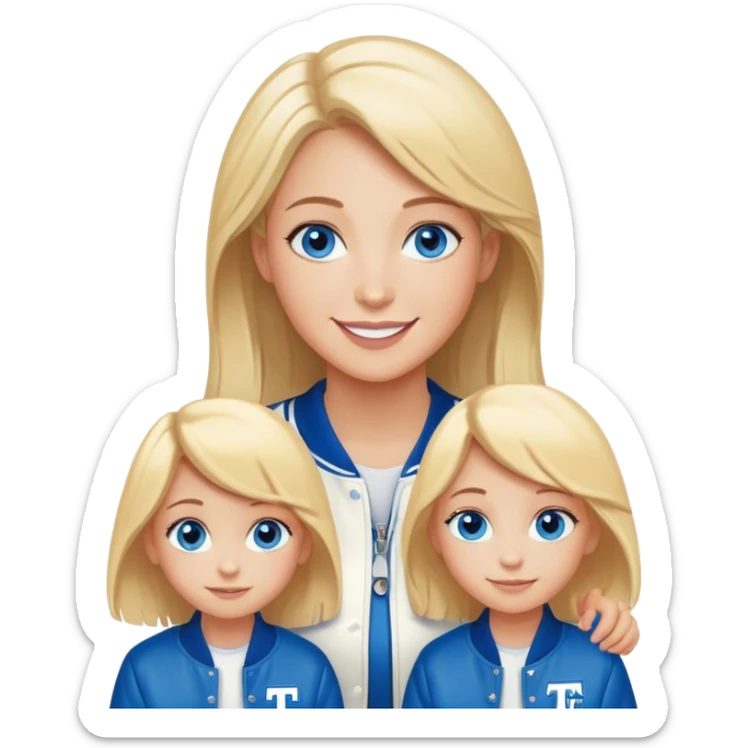 smiling mother in letterman jacket Blue eyes, Name is Tini, two Little girls blond and Blue eyes sticker