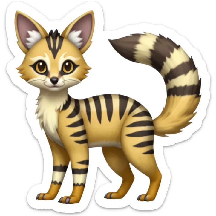 Civet-Genet-Possum-Serval-Caracal-Sergal-Trico-Numbat-Furret-fusion-Fakemon-hybrid-creature (full body) with long tufted ears and a striped tail sticker