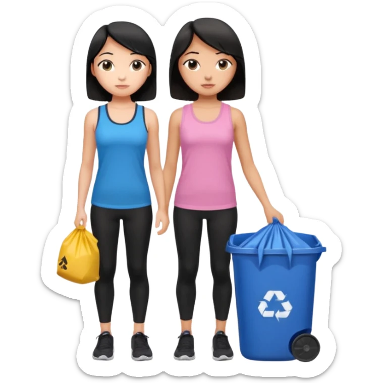 generate a genmoji of a black haired girl in a pink tank top and black leggings holding a black trash bag. Standing with her is a brunette girl in a similar blue tank top and black leggings.
Standing in front of a dustbin sticker