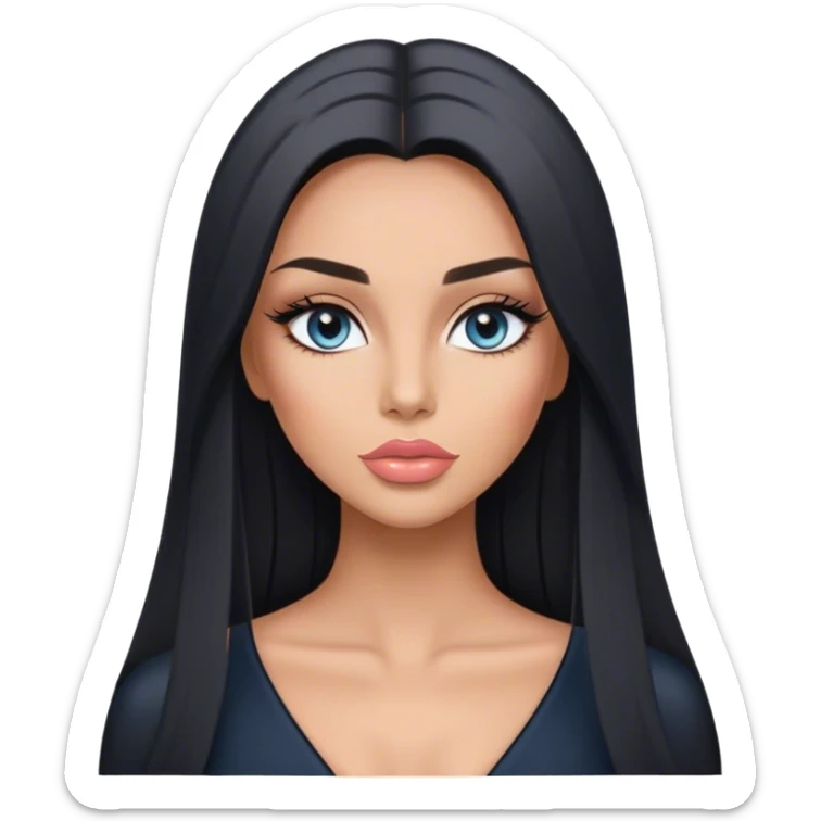 Glamours, tanned, very beautiful girl, with big pump peach-beige-rose lips, long long lashes, black straight smooth silky long hair, straight parting hair, blue-grey eyes in black clothes sticker