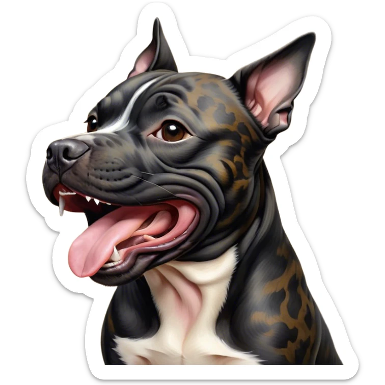 Cinematic Cute Yawning Black/Brindle Staffordshire Bull Terrier Portrait Emoji, Head tilted slightly with a dramatic, wide-open yawn, showcasing a smooth Fur with a striking black and brindle pattern, floppy ears slightly drooping, round dark eyes barely open in drowsy contentment, Simplified yet irresistibly adorable features, highly detailed, glowing with a soft, cozy glow, high shine, relaxed yet expressive, stylized with a touch of whimsy, bright and endearing, soft glowing outline, capturing the essence of a sleepy yet affectionate guardian, so drowsy it feels like it could stretch right out of the screen and curl up for a nap! sticker