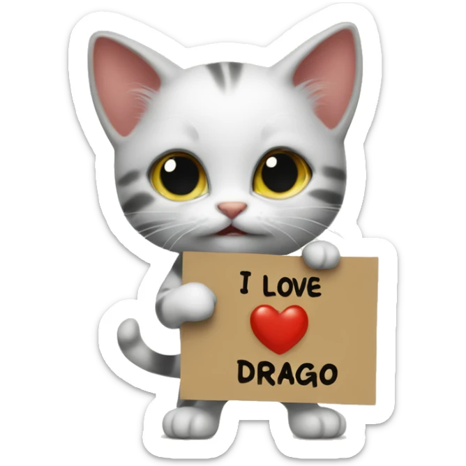 a kitten holding a sign with the inscription I love drago sticker