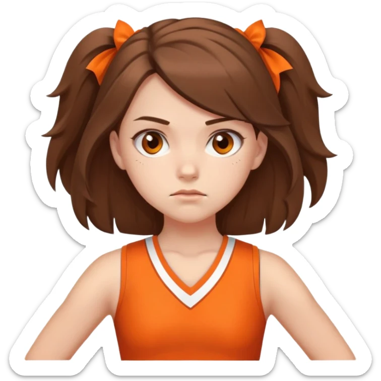 - Nữ
- 15 tuổi
- Da trắng
- Tóc gọn gàng, ngang vai, tóc màu nâu
- Lập dị, khó gần
- Mặc áo cổ vũ cam
- Không cần tay, ảnh chân dung, miêu tả mặt khó chịu sticker