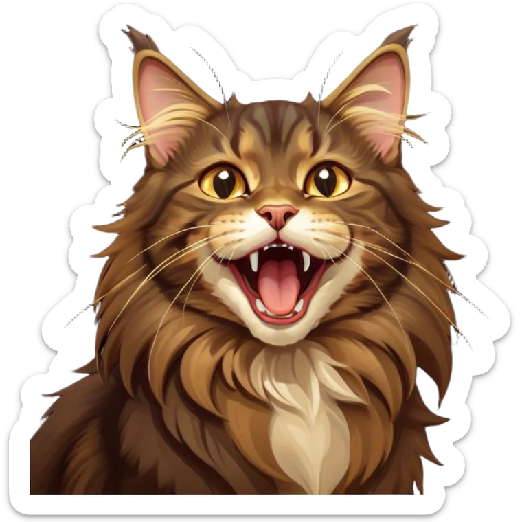 Cinematic Cute Dark Brown Maine Coon Cat Portrait Emoji, Head tilted playfully and yawning, sleek deep brown and gold tones with subtle hints of black, Simplified yet adorable features, highly detailed, glowing with a warm, friendly glow, high shine, curious and affectionate, stylized with a touch of whimsy, bright and alert, soft glowing outline, capturing the essence of a mischievous yet loving kitten, so endearing it feels like it could leap out of the screen and stretch with its fluffy tail swishing! sticker