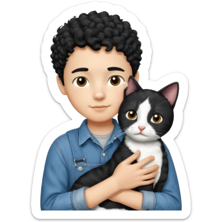 Apple emoji of a 13 year old boy with short black curly hair and dark brown eyes of light skin with denim shirt and overalls hugging a black and white cat sticker