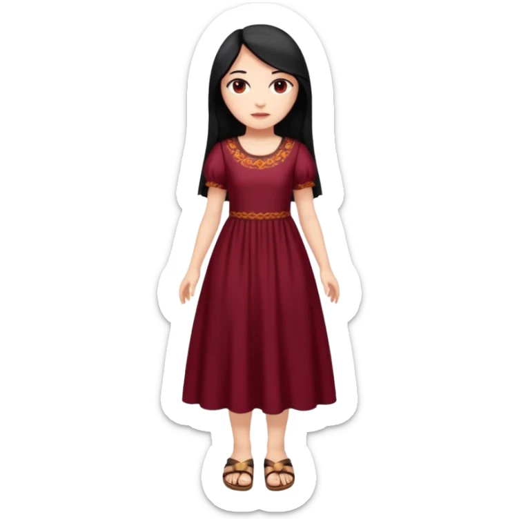 Chica blanca ,ojos marrones, vestido granate largo,manga corta,  cuerpo entero ,pelo negro y largo sandalias sticker