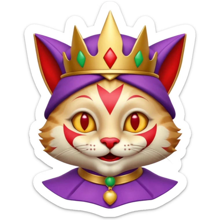 crazy colorful cute little cat jolly joker from poker, medieval, vintage, court jester, mac os icon, purple, gold and red color, half body. Squared shape as 3D mac os icon, skeuomorphic sticker