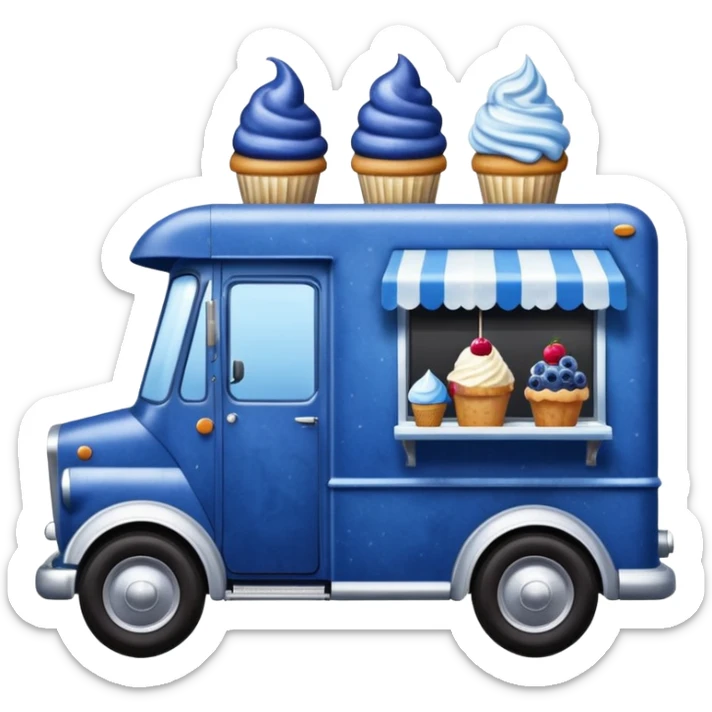 shiny-dark-blue crystal-bodied frozen blueberry muffin, pie, and ice cream, antique long-wheelbase cab over durable-looking food truck  sticker