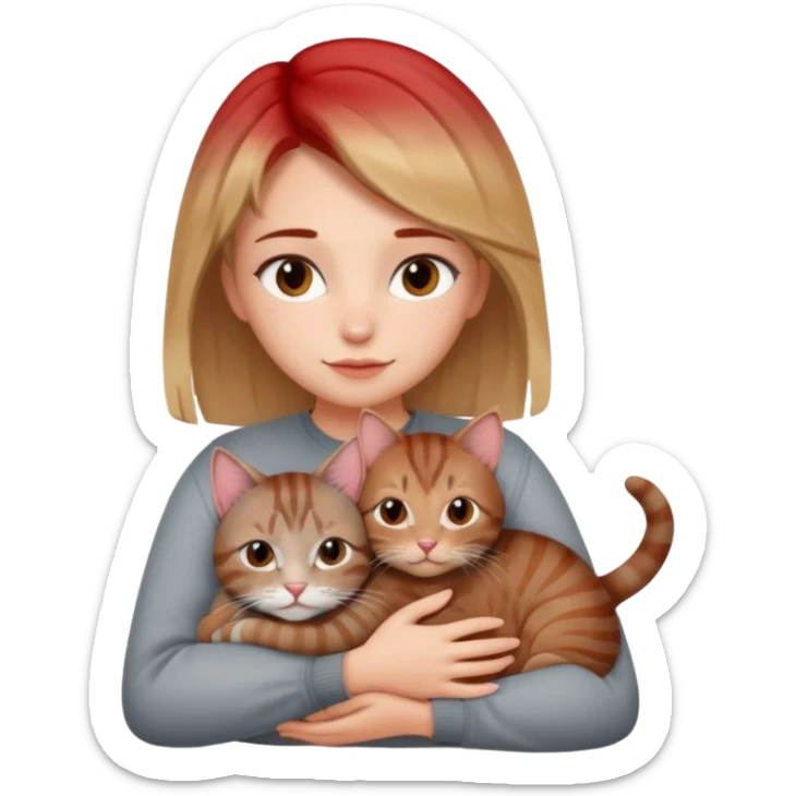 Une femme avec les cheveux dégradée, châtain et blond, qui fait un câlin à son chat gris, tigré avec des reflets roux sticker