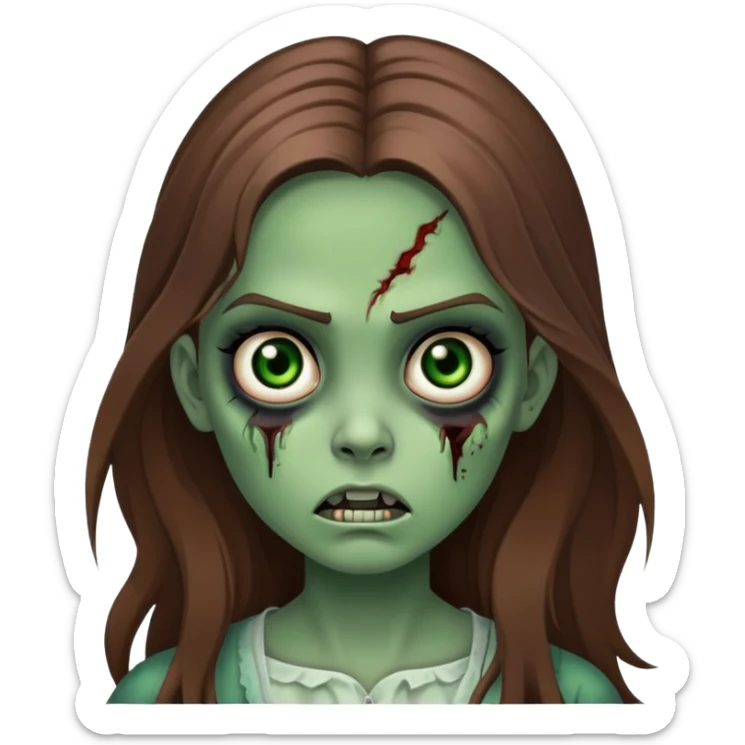 Girl zombie with long brown hair, green skin, black eyes with dark circles, and frightening expression sticker