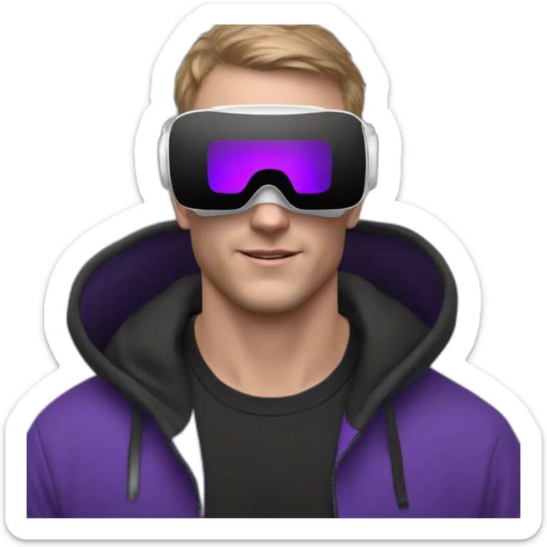 white skin man in the black hoody with violet OMG VR logo on it.  Man in vr headset sticker