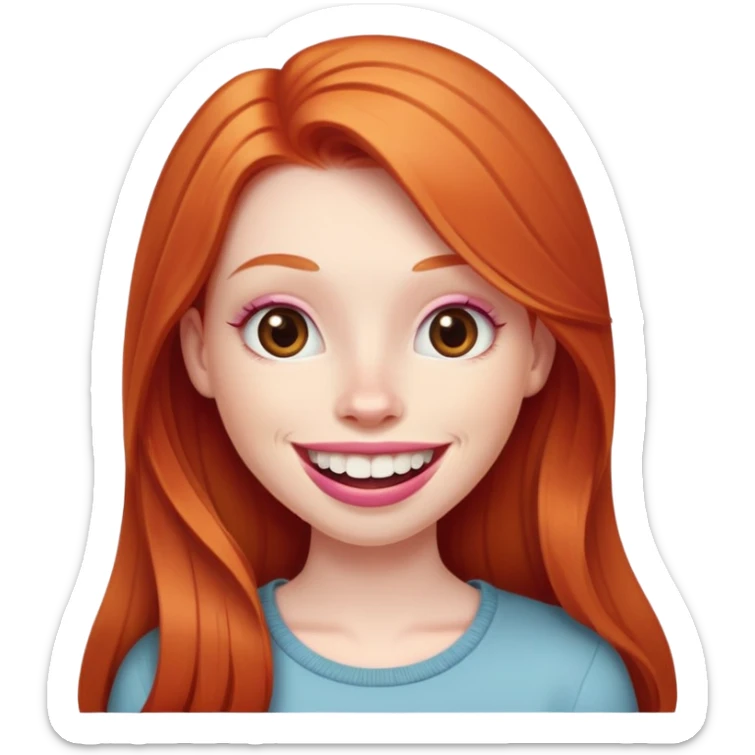 Young girl with pale skin, longer face, full pink lips smiling with big teeth, very long straight ginger red hair (no blonde at all), big brown eyes, bigger nose, big mouth sticker