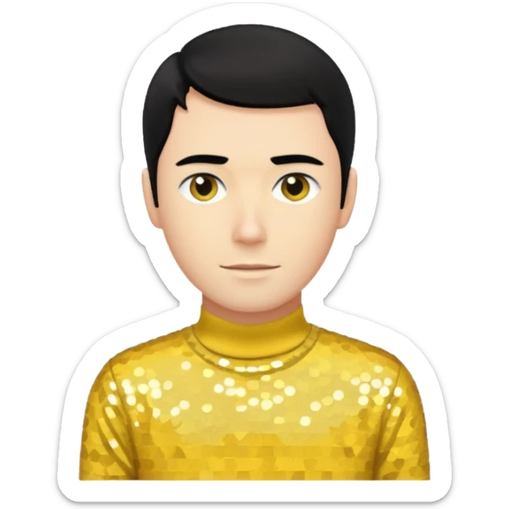 Greg Page from The Wiggles with black hair, yellow sequin skivvy shirt sticker
