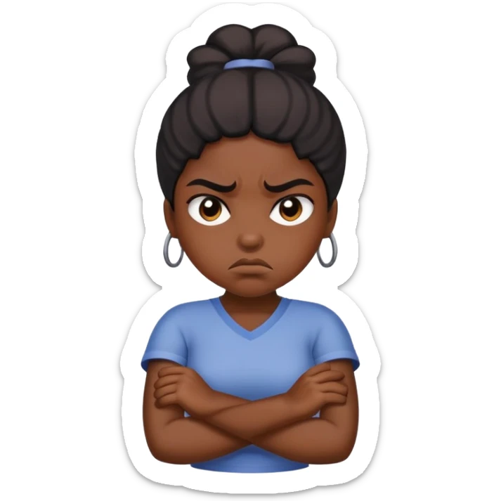 Angry Black girl with dark skin and crossed arms, frowning face sticker
