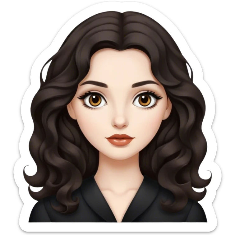 Beautiful girl,Black/dark brown hair, old Hollywood wavy hair, thick long hair, dark brown eyes, pale, clean, winged eyeliner sticker