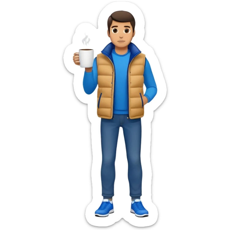 full body man with long sleeve white shirt with blue puffer winter vest with no pockets wearing straight blue jeans with no cuffs and black tennis shoes holding a coffee mug in one hand in front of him and nothing in the other hand sticker