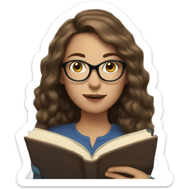 White woman with glasses, long brown hair and blue eyes reading a book sticker