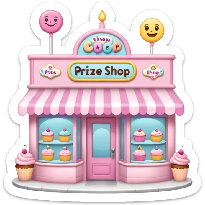 pastel pink cake shop with a 'Prize Shop' sign above the entrance, cakes on display, cute and inviting, emoji style sticker