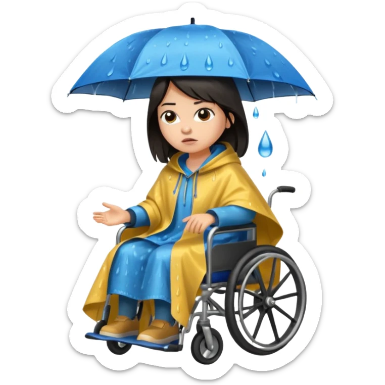 Girl with dark hair  in a wheelchair with rain poncho mad with raining  sticker