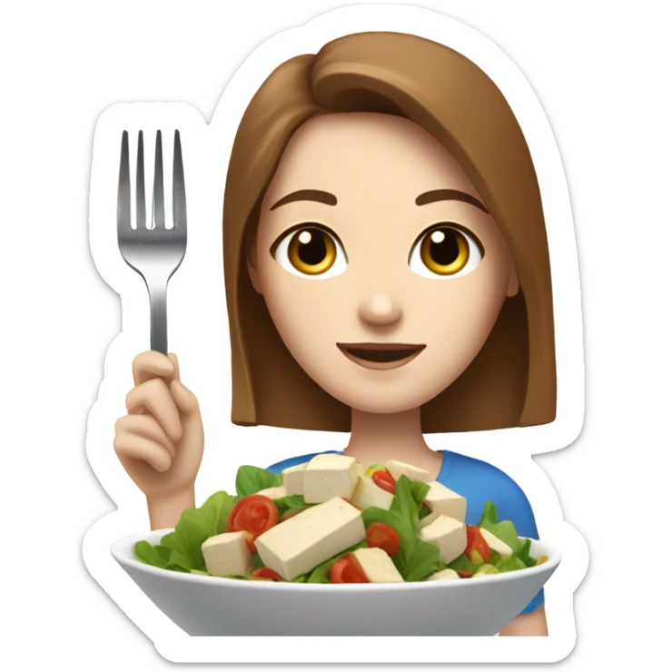 White girl Brown hair blue eyes freackles eating Tofu salad with fork sticker
