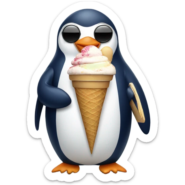 penguin wearing a navy sweater, black jeans, holding an ice cream with sunglasses in its head  sticker