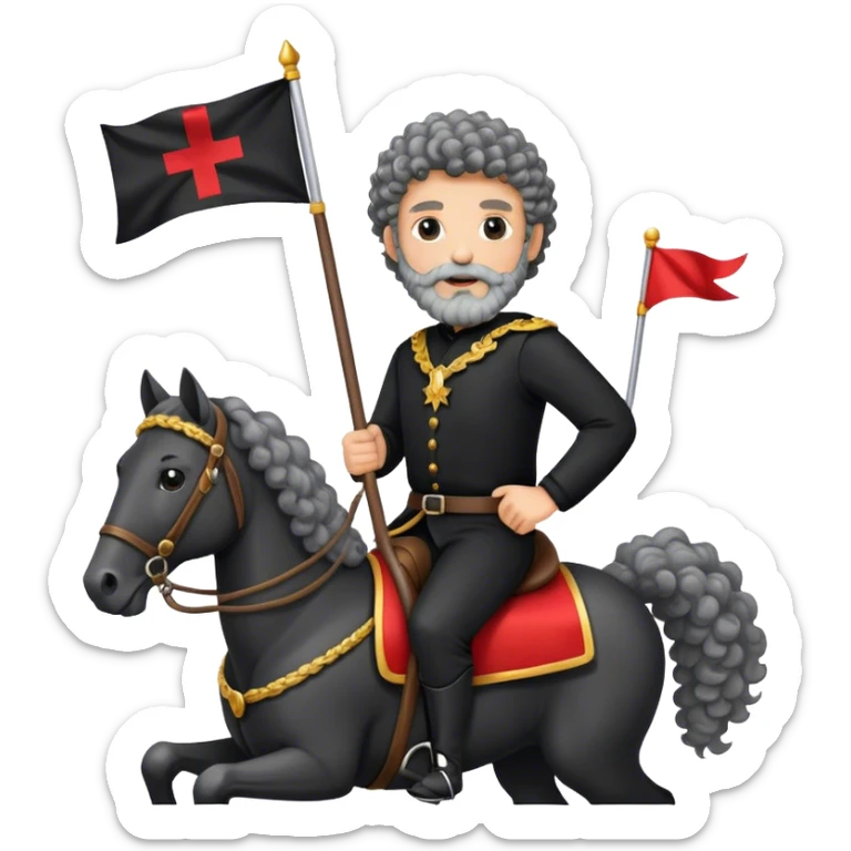 A man with curly hair and a gray beard, wearing black clothes, riding a horse, holding a flag. sticker