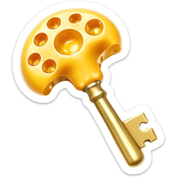 K2-rich foods (cheese, egg yolk, natto) transforming into golden keys that unlock bone structures, guiding glowing calcium particles to strengthen the skeleton. The keys simultaneously block calcium from entering arteries, showing how vitamin K2 acts as a wise guardian of calcium distribution. sticker