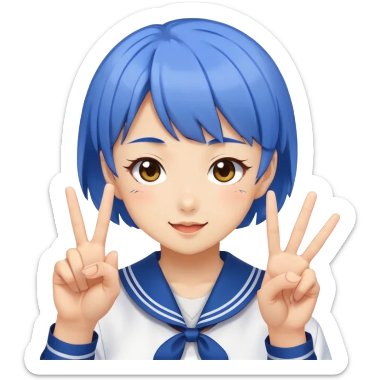 Energetic anime girl with short blue hair wearing Japanese sailor style school uniform, winking and making peace sign, kawaii style sticker
