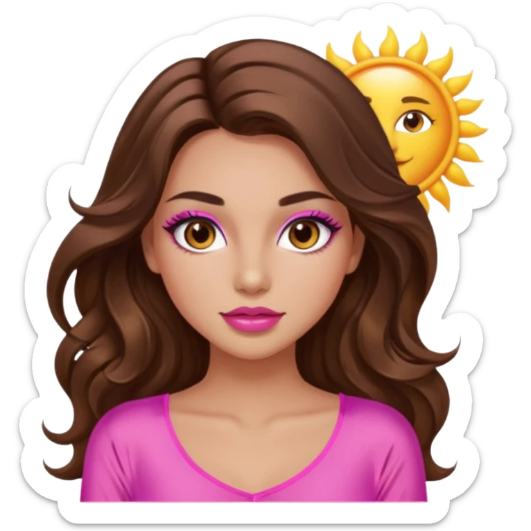 girl with long wavy brown hair, brown eyes, long lashes makeup, sexy pink lips, light to medium complexion, wearing a pink sexy silk top, with the sun icon  sticker