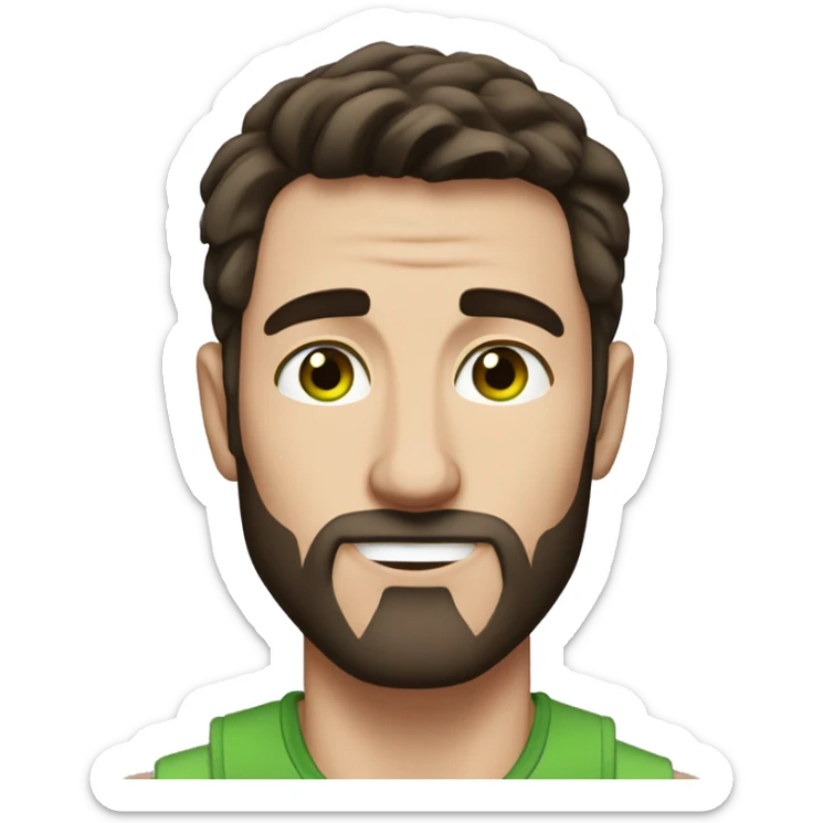 man, short dark brown hair, short beard, VERY LONG AND POINTY nose, white, green eyes, muscular, freckles sticker