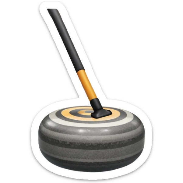 An icon showing a detailed close-up of a curling stone sliding across the ice, with a broom in motion beside it. The background features an indoor stadium with cheering spectators on the stands. Transparent background captures the strategy and focus of curling. sticker