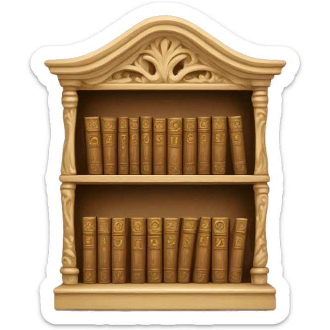A small wooden bookshelf with an ornate carved design, filled with neatly stacked books in beige and gold accents sticker