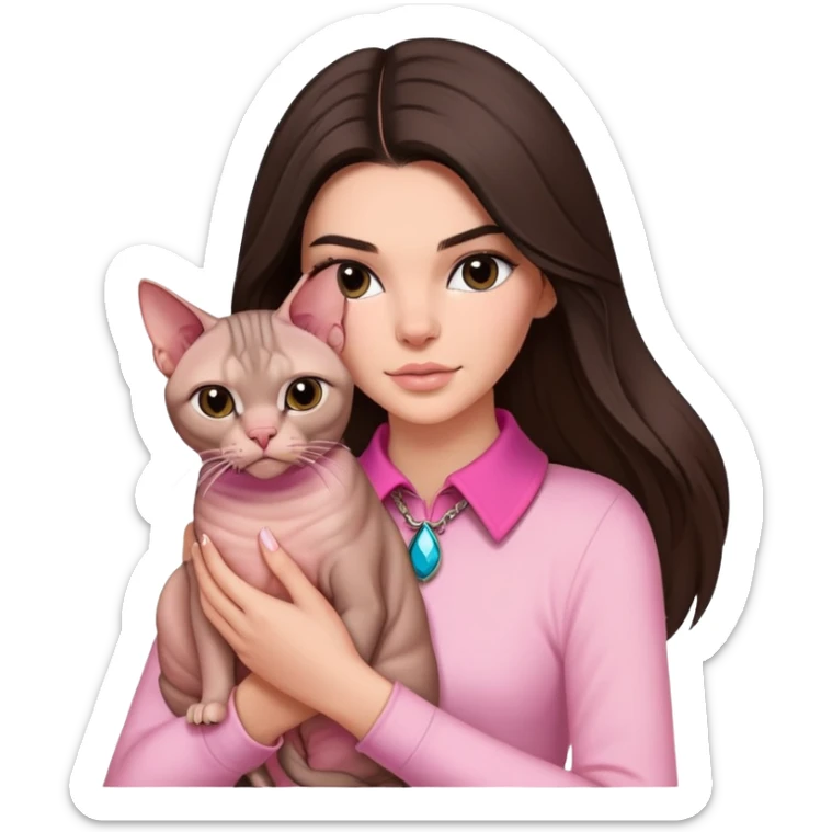 brunette Kendall Jenner with long hair holding on the hands Sphynx wear on pink collar sticker