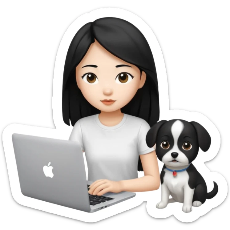 Asian girl with long black hair , wearing a white t-shirt, working on an Apple laptop, next to her is a small black and white dog sticker