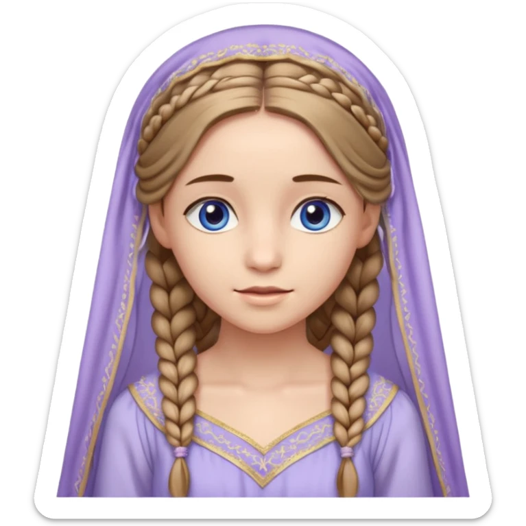 Joven de unos 20 años, de aspecto dulce y elegante.
Piel clara, ojos (pueden ser azules o verdes)
Rubio o castaño claro, largo, con trenzas o velo.
Vestido largo de tonos suaves (blanco, azul o lavanda), con bordados dorados; un manto o toca fina cubriendo la cabeza. se vea todo el cuerpo sticker