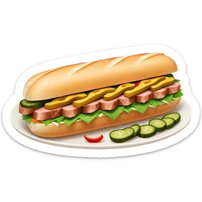 Cinematic Realistic B√°nh m√¨ Sandwich Dish Emoji, showcasing a crusty baguette filled with savory meats, pickles, and fresh herbs rendered with dynamic detail and appetizing lighting. sticker
