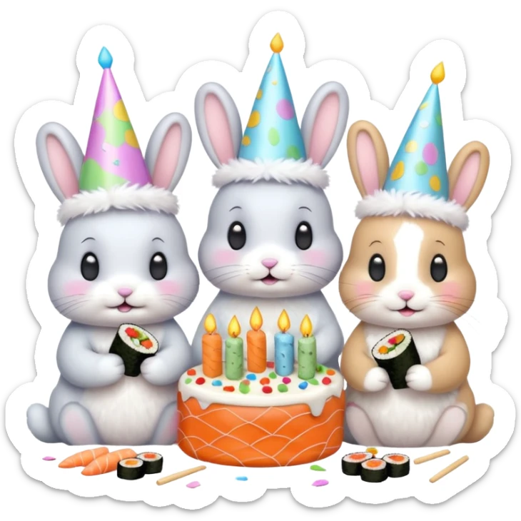 four bunnies together eating sushi at a birthday party, pastel colors, cute, confetti, birthday cake sticker