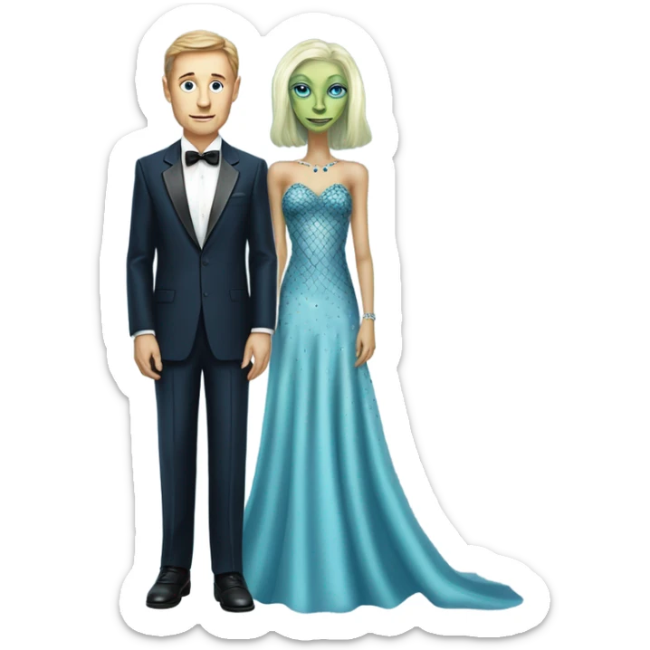 reptilian alien woman, in long slim pastel blue formal party satin dress with gradient shiny sparkling navy blue diamonds embroidered , and caucasian man in black dress sticker