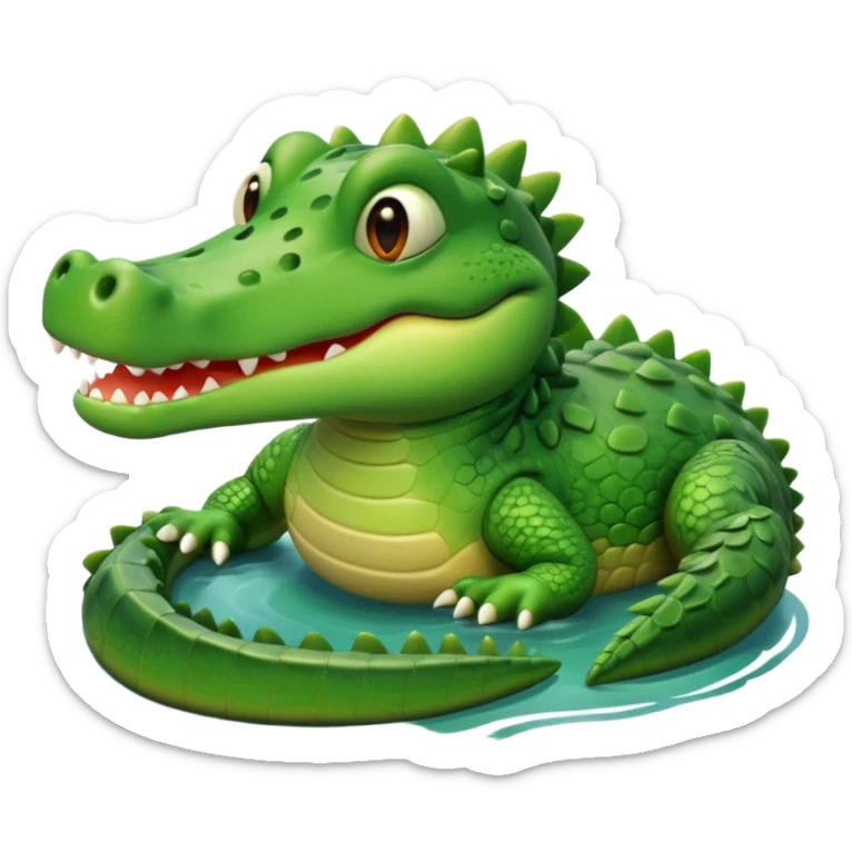 A cute 3D cartoon crocodile resting on a riverbank, part of its body in the water. Smooth rounded design, bright colors, soft lighting, friendly expression, Memoji-style realism. sticker