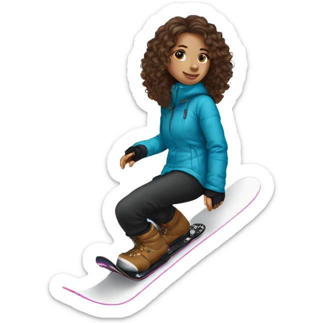 Girl long curly brown hair white skin and black mini pincher on snowboard sticker